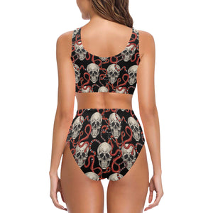 Red snake skull pattern Chest Bowknot High Waisted Bikini Swimsuit