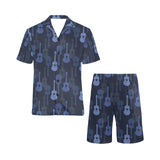 Blue Theme guitar pattern Men's V-Neck Short Pajama Set
