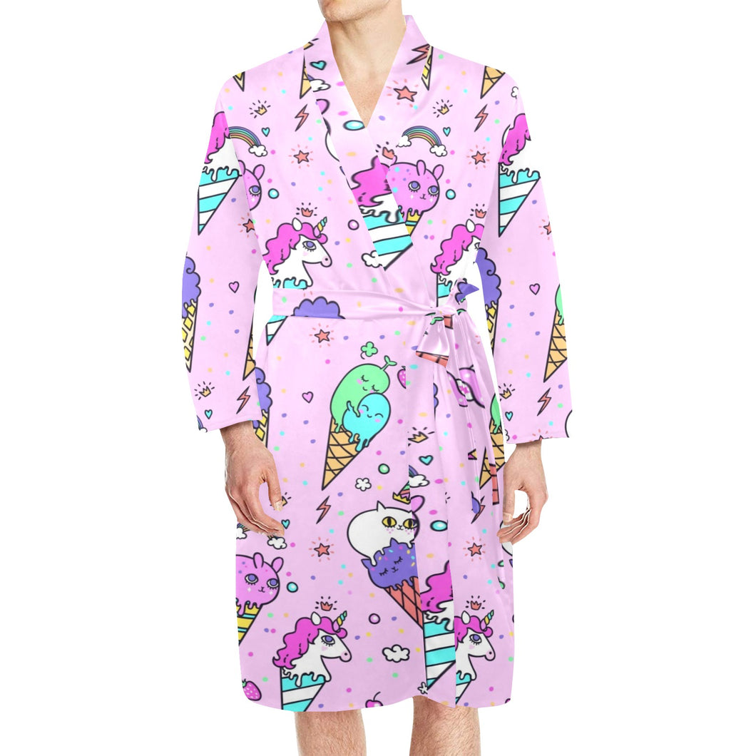 Cute ice cream cone animal pattern Men's Long Sleeve Belted Night Robe