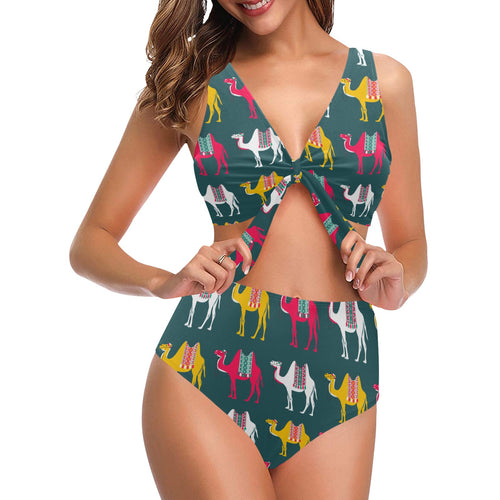 Camel pattern Chest Bowknot High Waisted Bikini Swimsuit