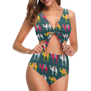 Camel pattern Chest Bowknot High Waisted Bikini Swimsuit