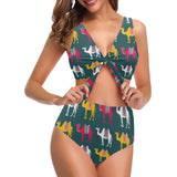 Camel pattern Chest Bowknot High Waisted Bikini Swimsuit
