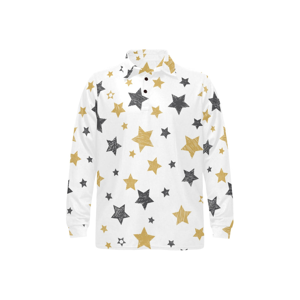 hand drawn gold black star pattern Men's Long Sleeve Polo Shirt