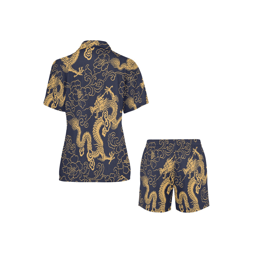 Gold dragon pattern Women's V-Neck Short Pajama Set
