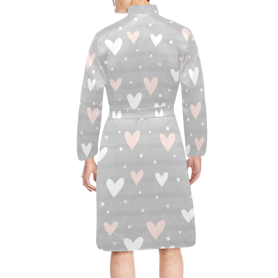 Heart pattern gray background Men's Long Sleeve Belted Night Robe