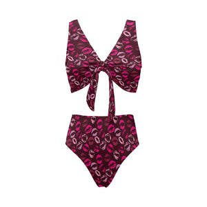 Lips Pattern Print Design 03 Chest Bowknot High Waisted Bikini Swimsuit