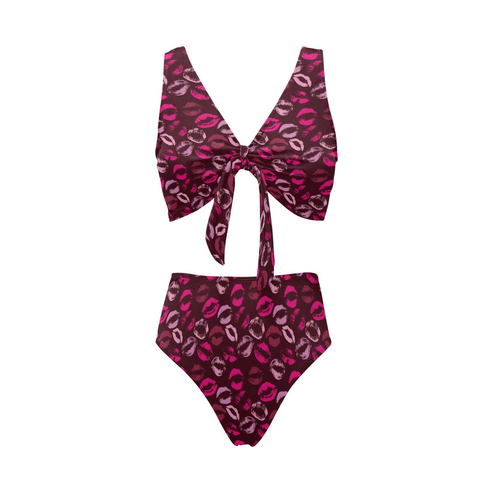 Lips Pattern Print Design 03 Chest Bowknot High Waisted Bikini Swimsuit
