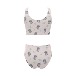 cute raccoons leaves pattern Chest Bowknot High Waisted Bikini Swimsuit
