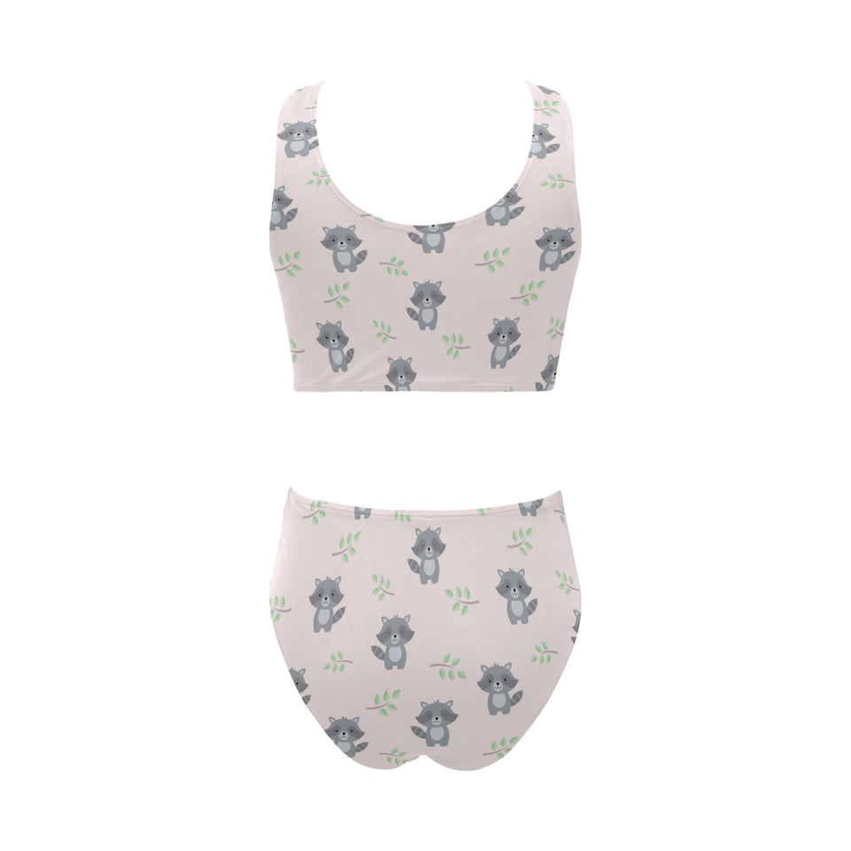 cute raccoons leaves pattern Chest Bowknot High Waisted Bikini Swimsuit