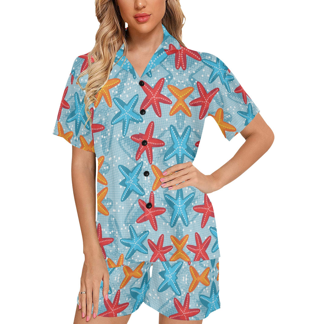 Blue red orange starfish pattern Women's V-Neck Short Pajama Set