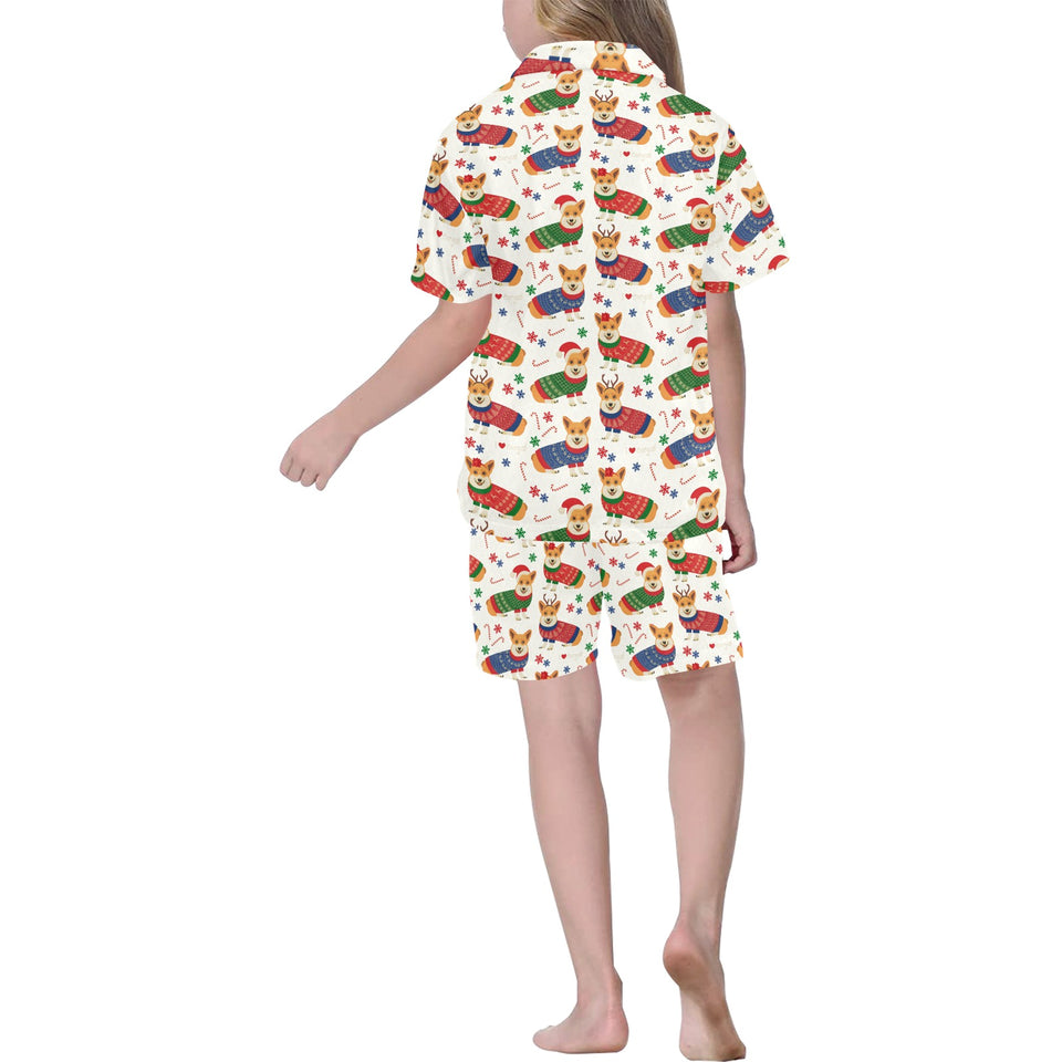 Corgi Christmas Pattern Kids' Boys' Girls' V-Neck Short Pajama Set