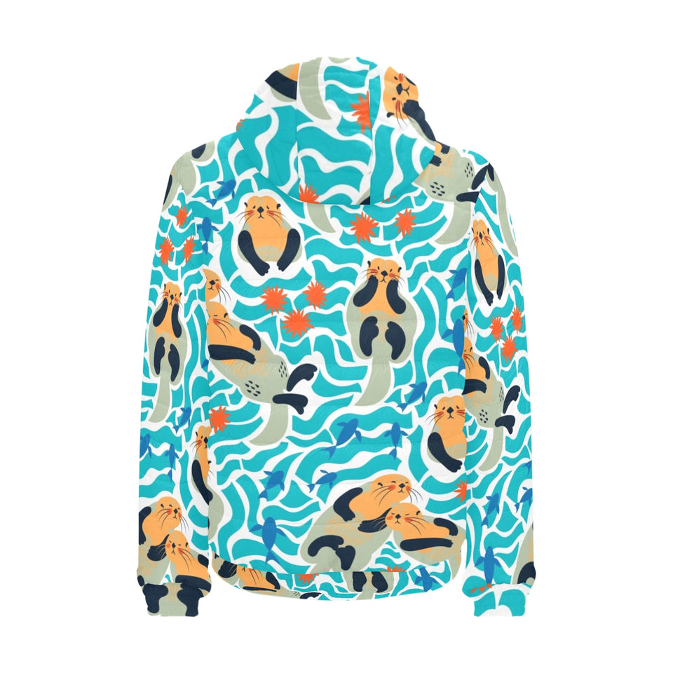 Cute sea otters fishe sea urchin pattern Men's Padded Hooded Jacket