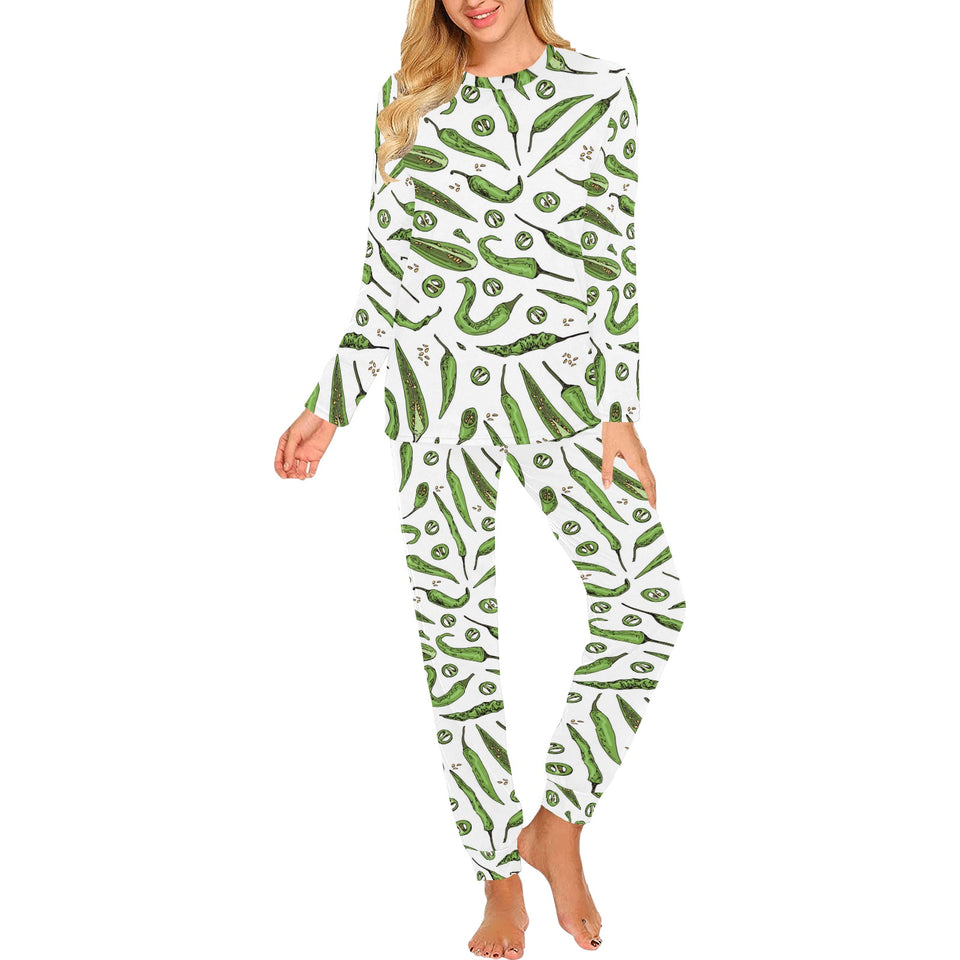 Hand drawn sketch style green Chili peppers patter Women's All Over Print Pajama Set