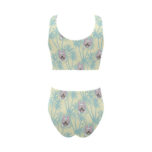 French bulldog hawaii blackground Chest Bowknot High Waisted Bikini Swimsuit
