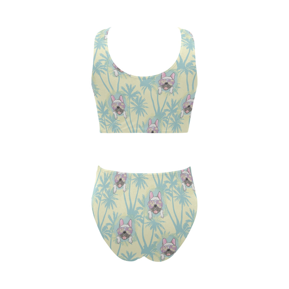 French bulldog hawaii blackground Chest Bowknot High Waisted Bikini Swimsuit