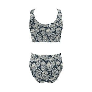 Sugar skull black white pattern Chest Bowknot High Waisted Bikini Swimsuit