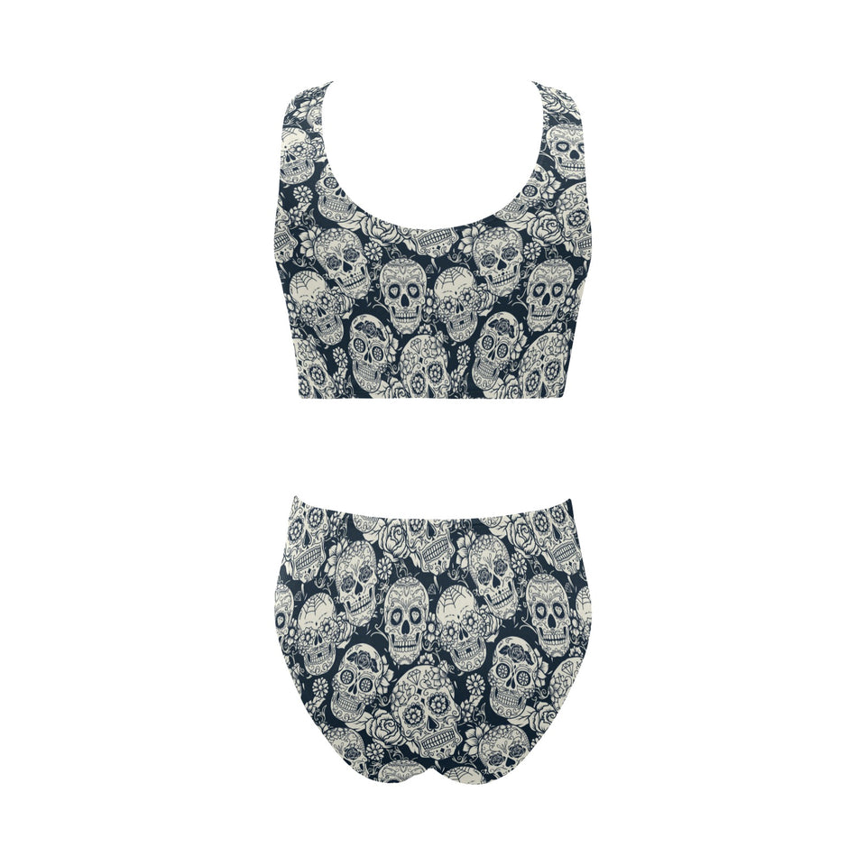 Sugar skull black white pattern Chest Bowknot High Waisted Bikini Swimsuit