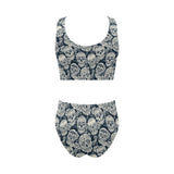 Sugar skull black white pattern Chest Bowknot High Waisted Bikini Swimsuit
