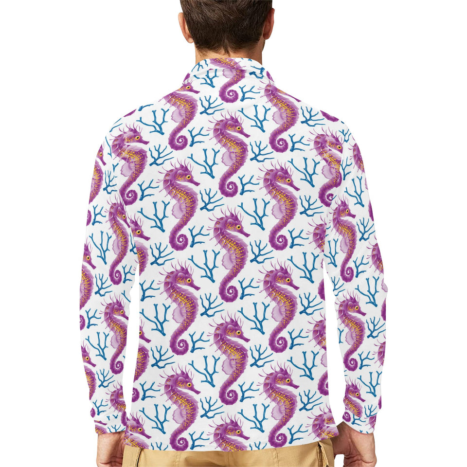 Purple seahorse blue coral pattern Men's Long Sleeve Polo Shirt
