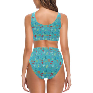 Math Pattern Print Design 02 Chest Bowknot High Waisted Bikini Swimsuit