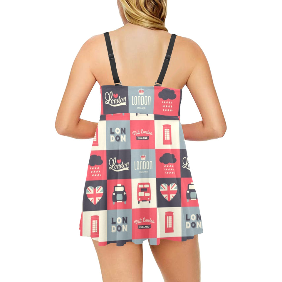 British Pattern Print Design 05 Chest Sexy Pleated Two Piece Swim Dress