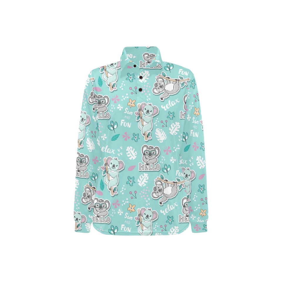 Cute koalas blue background pattern Women's Long Sleeve Polo Shirt