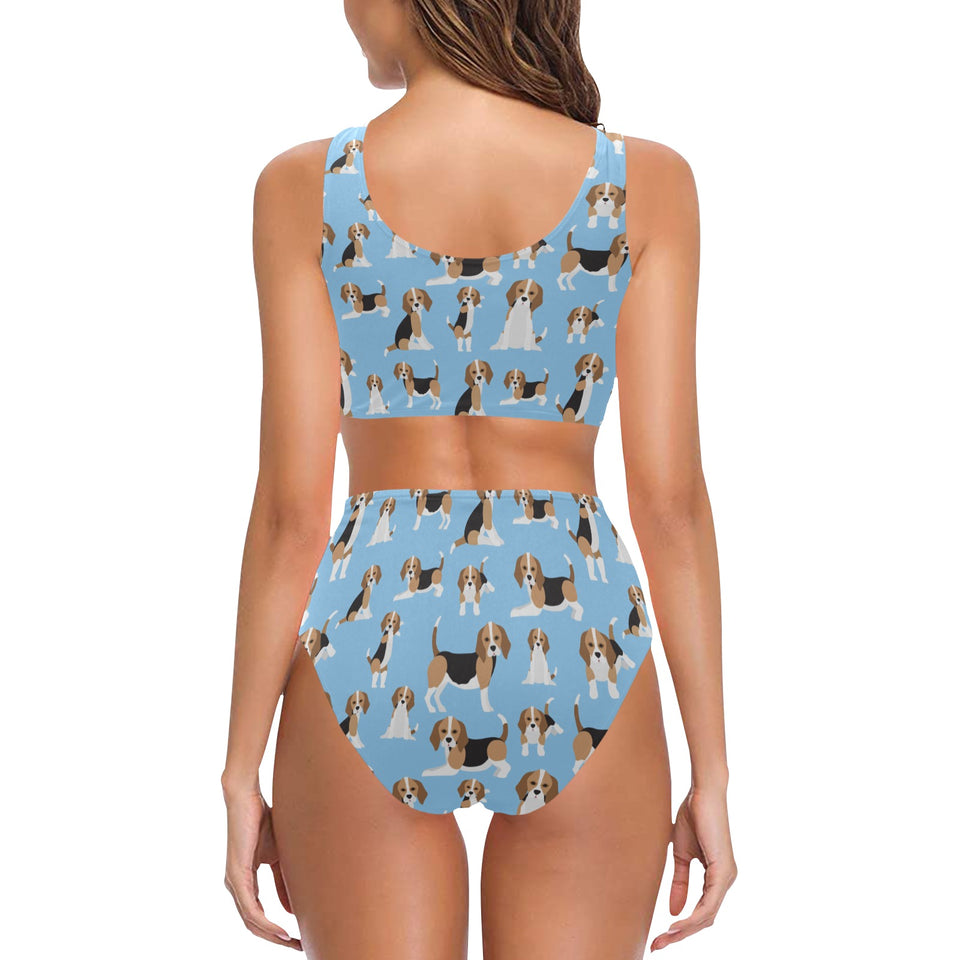 Beagle dog blue background pattern Chest Bowknot High Waisted Bikini Swimsuit