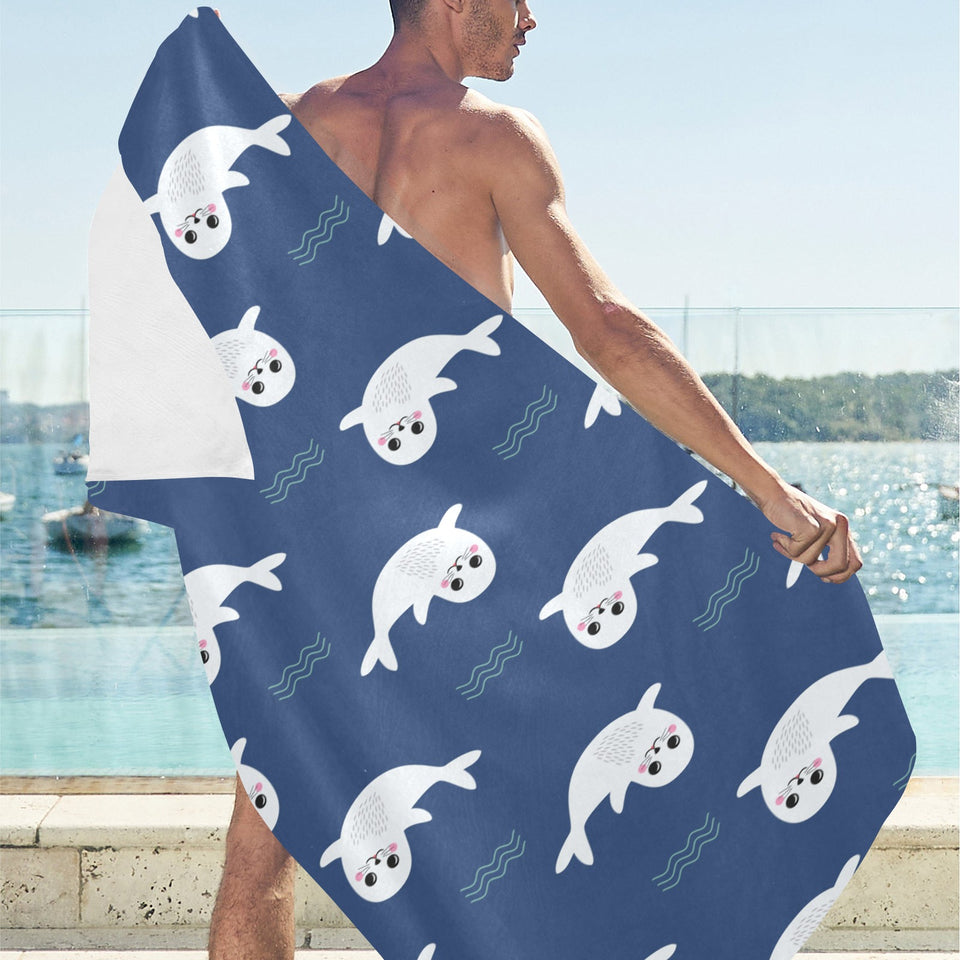 Cute white baby sea lion seal pattern Beach Towel