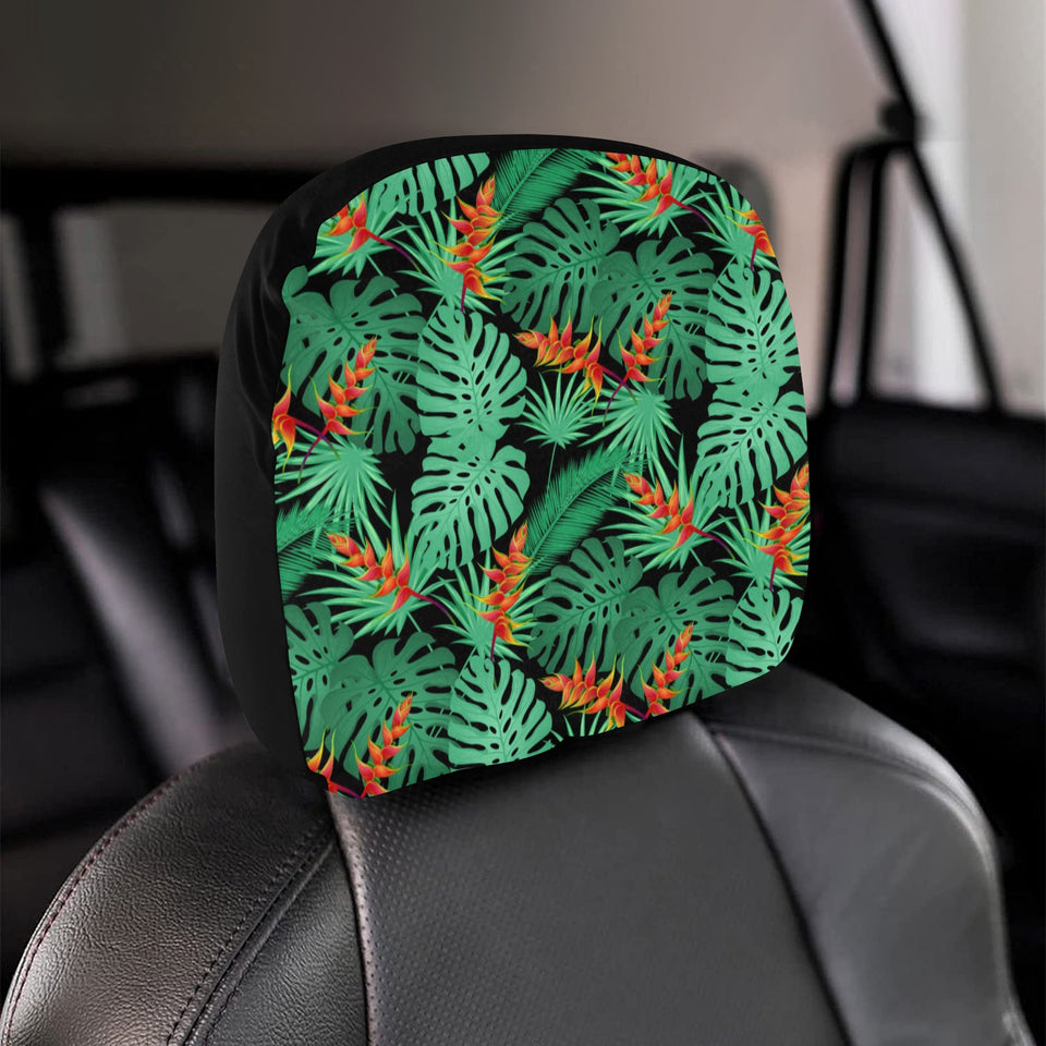 heliconia flower palm monstera leaves black backgr Car Headrest Cover