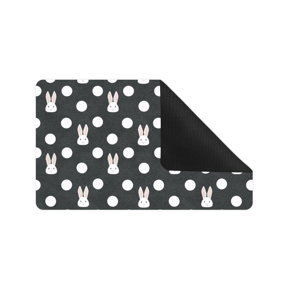 Cute white rabbit polka dots black background Doormat