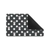 Cute white rabbit polka dots black background Doormat