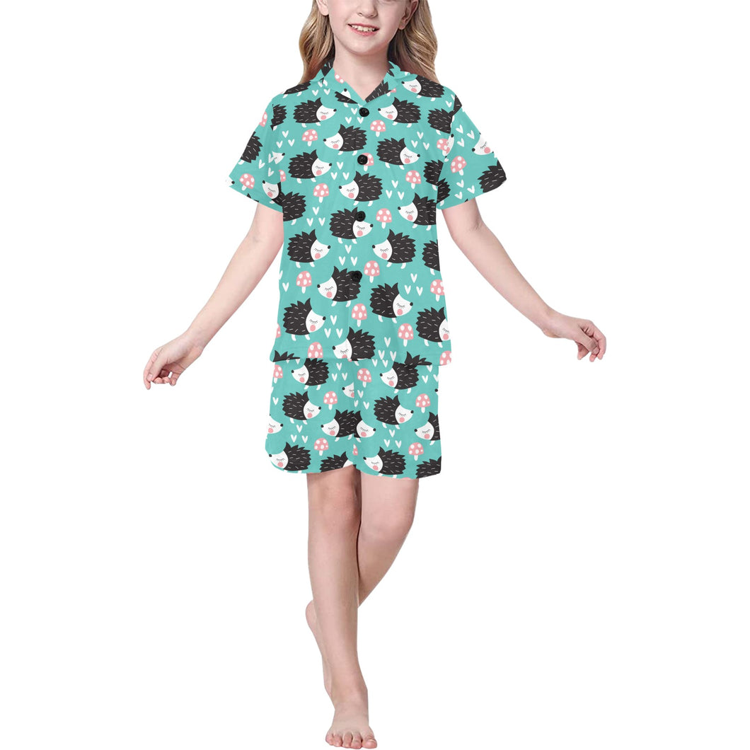 Hedgehog Pattern Print Design 03 Kids' Boys' Girls' V-Neck Short Pajama Set
