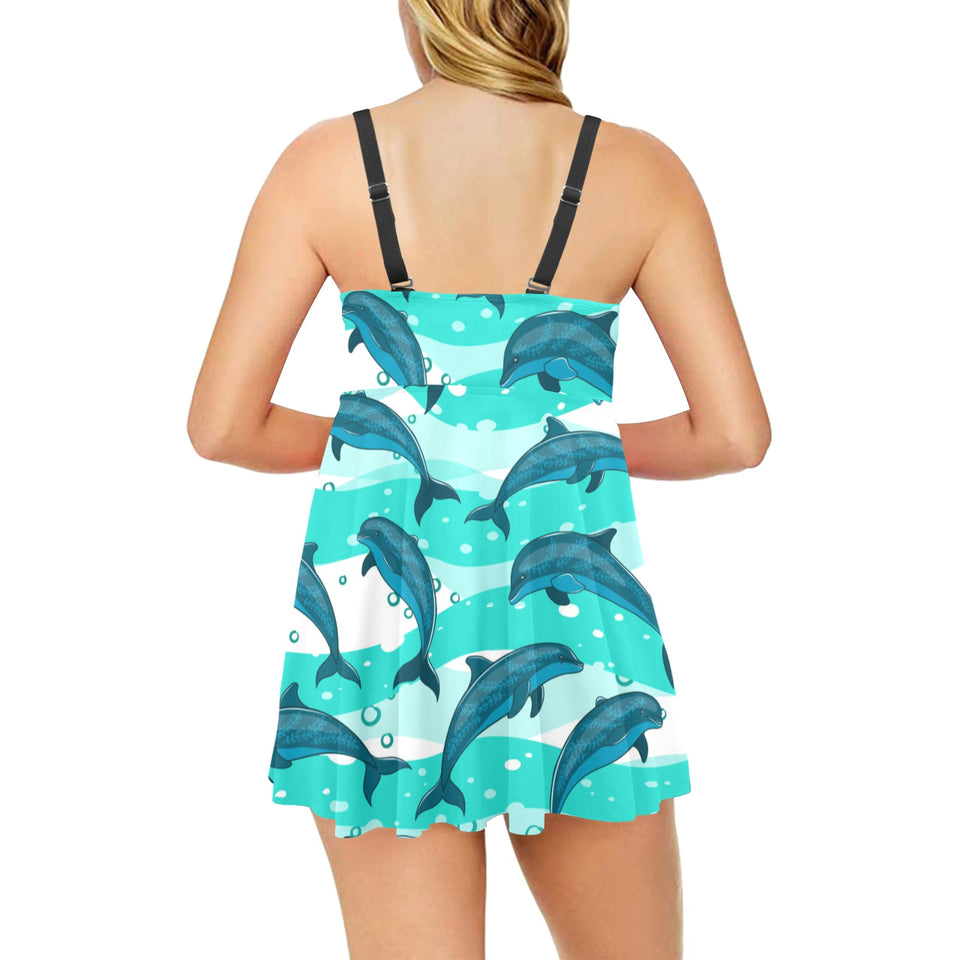 Dolphin sea pattern Chest Sexy Pleated Two Piece Swim Dress