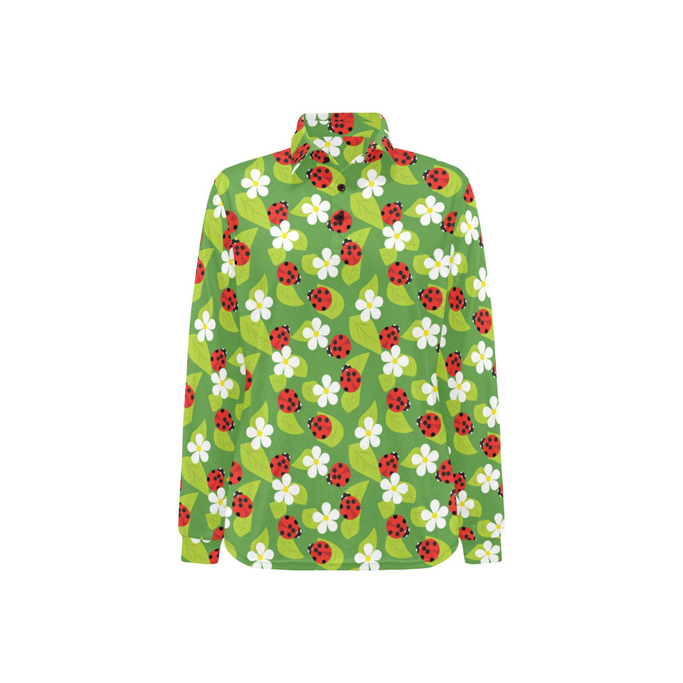 Ladybug Pattern Print Design 01 Women's Long Sleeve Polo Shirt