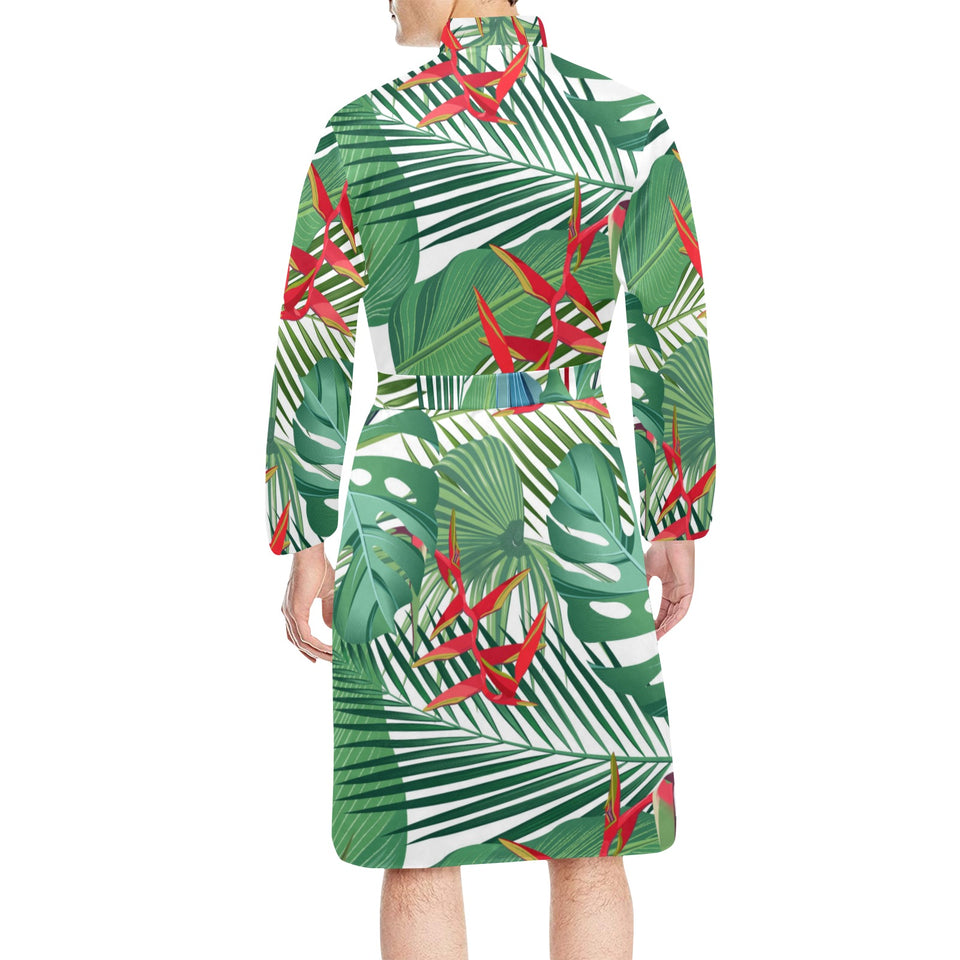 heliconia palm and monstera leaves pattern Men's Long Sleeve Belted Night Robe