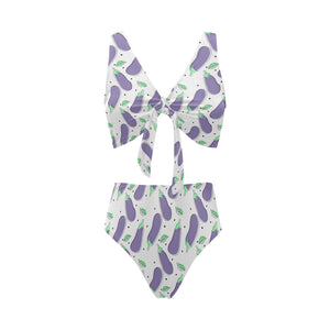 Eggplant Pattern Print Design 05 Chest Bowknot High Waisted Bikini Swimsuit