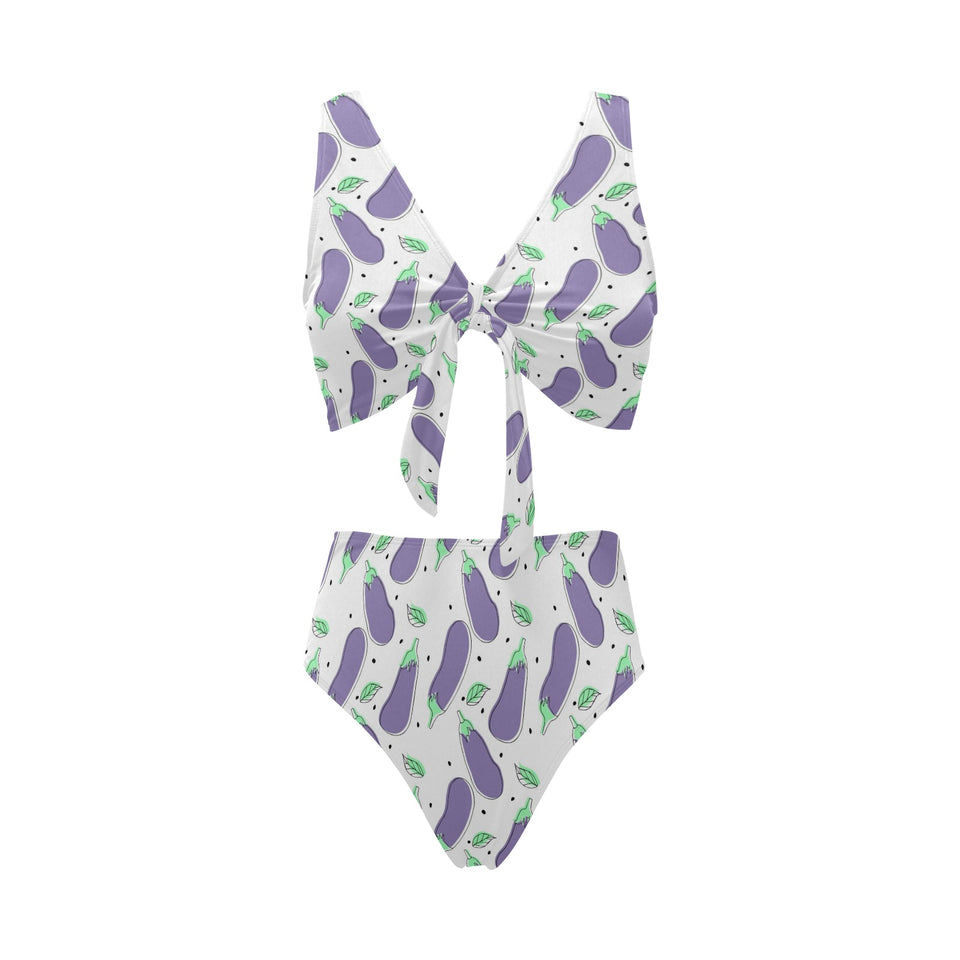 Eggplant Pattern Print Design 05 Chest Bowknot High Waisted Bikini Swimsuit