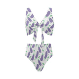 Eggplant Pattern Print Design 05 Chest Bowknot High Waisted Bikini Swimsuit