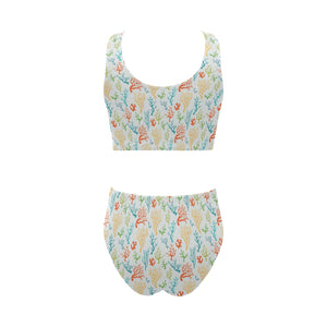 Coral Reef Pattern Print Design 02 Chest Bowknot High Waisted Bikini Swimsuit