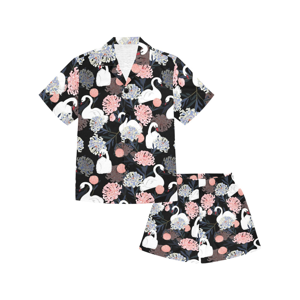 white swan blooming flower pattern Kids' Boys' Girls' V-Neck Short Pajama Set