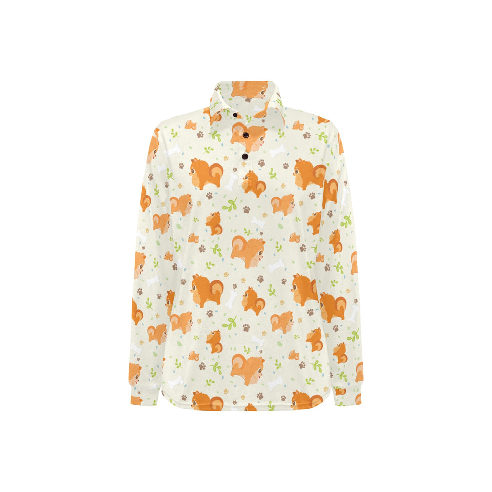 Cute brown pomeranian paw leave bone pattern Women's Long Sleeve Polo Shirt