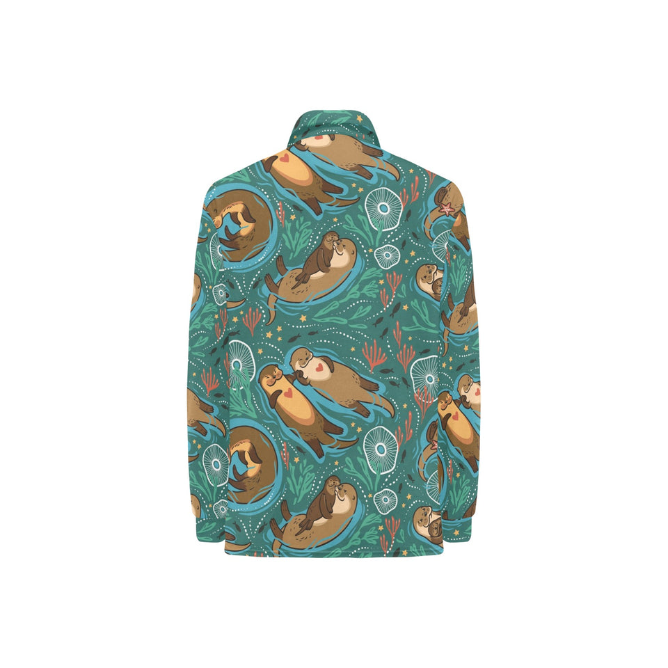 cute brown sea otters ornamental seaweed corals gr Women's Long Sleeve Polo Shirt