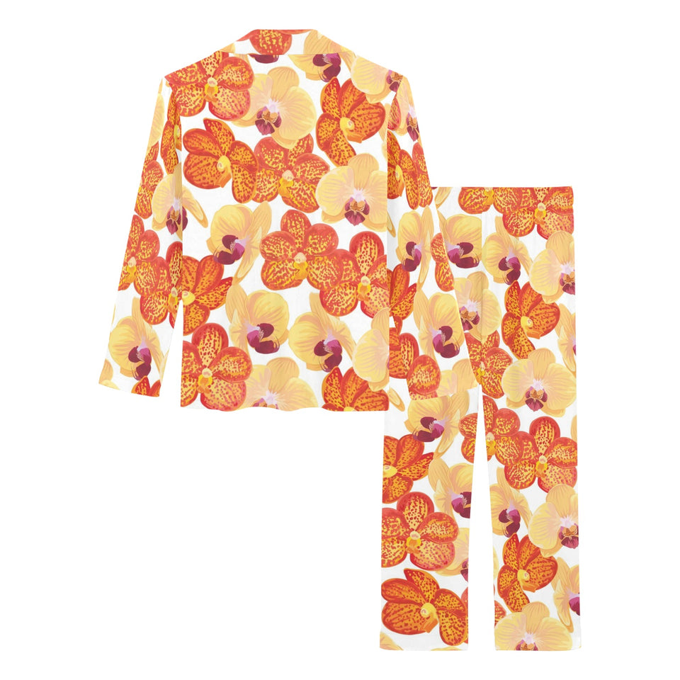 Orange yellow orchid flower pattern background Women's Long Pajama Set