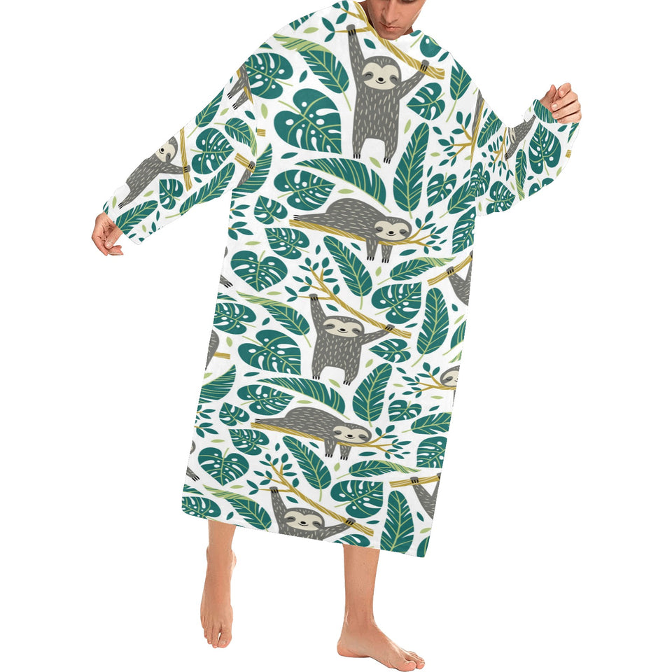 Cute sloths tropical palm leaves white background Blanket Robe with Sleeves