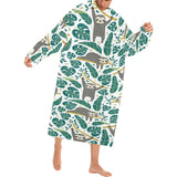 Cute sloths tropical palm leaves white background Blanket Robe with Sleeves