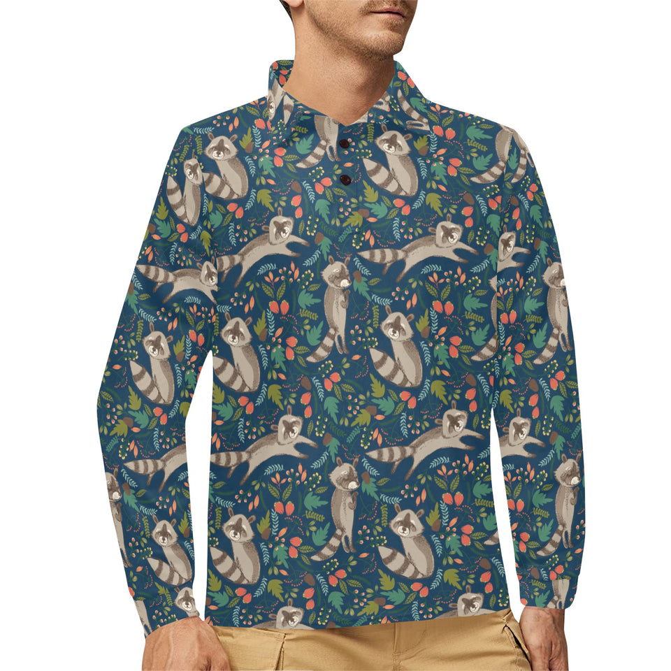 Raccoon tropical leaves pattern Men's Long Sleeve Polo Shirt
