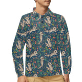 Raccoon tropical leaves pattern Men's Long Sleeve Polo Shirt