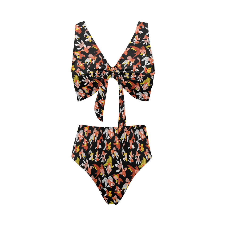 Goldfish Pattern Print Design 03 Chest Bowknot High Waisted Bikini Swimsuit