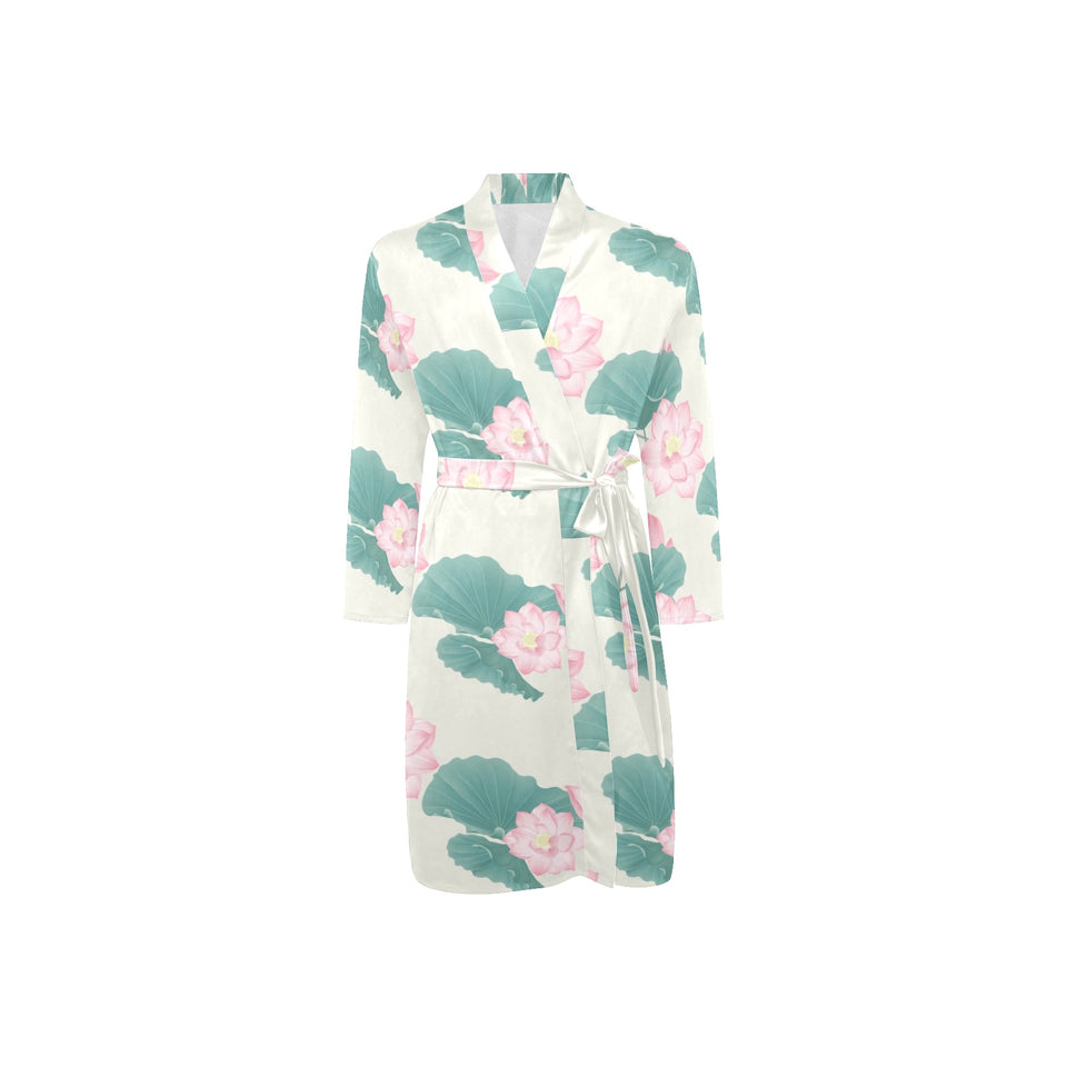 Pink lotus waterlily leaves pattern Men's Long Sleeve Belted Night Robe