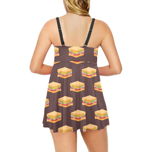 Sandwich Pattern Print Design 04 Chest Sexy Pleated Two Piece Swim Dress